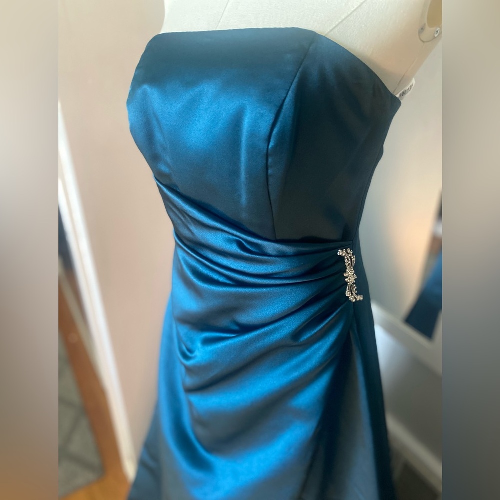 David's Bridal Teal Dress with Rhinestone Detail